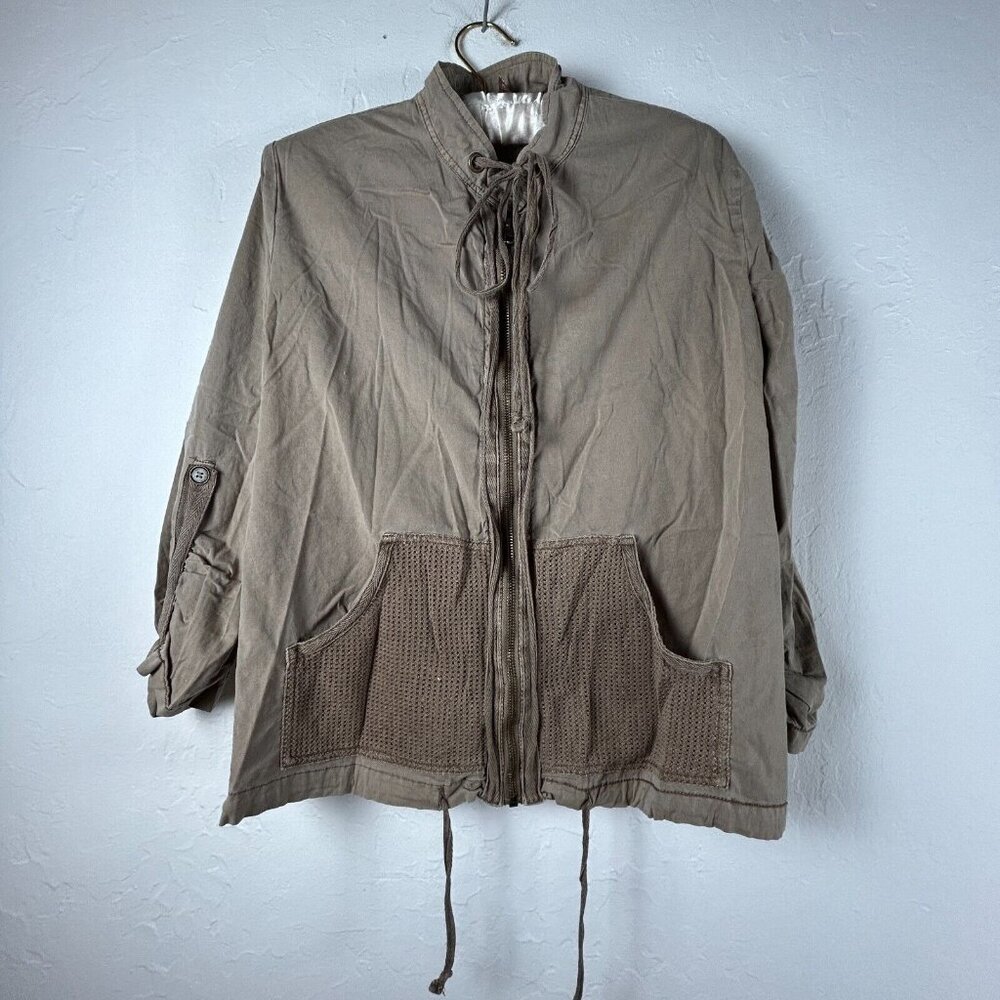 XCVI Women's Zip Front Cotton Basic Jacket Size Medium Stretch Lagenlook Beige